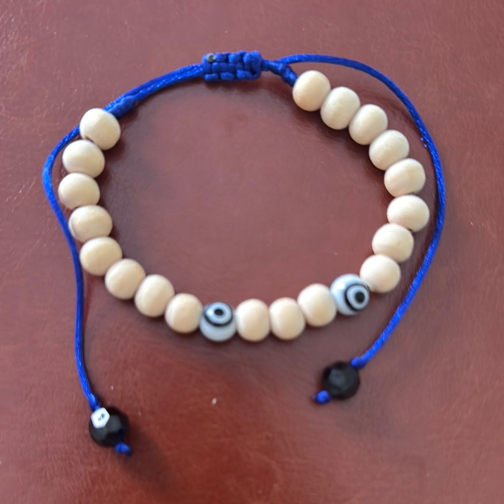 Blue and Tan Adjustable Beaded Bracelet with Evil Eye